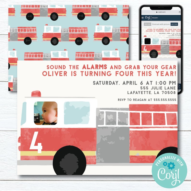 Printable Watercolor Firetruck Birthday Party Invitation | Editable Download | Add your own photo!