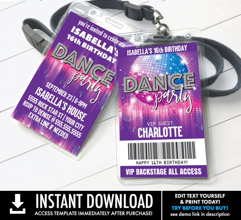 Dance Party VIP Badge Invitation, Disco Dance Party,Rock n Roll Party,All Access Pass | Self-Editing with CORJL – INSTANT Download Printable