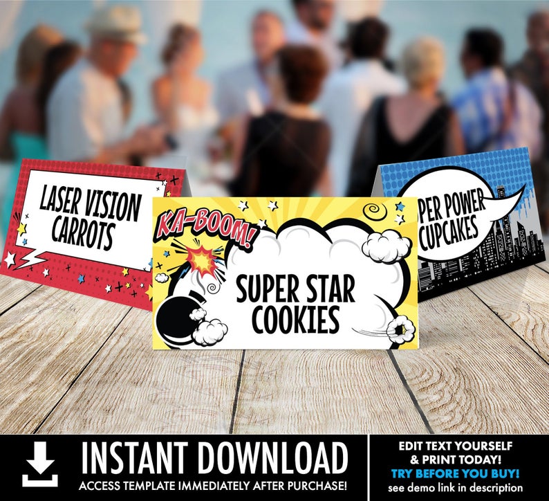 Superhero Food Labels – Superhero Party, Table Tent,Place Card,Buffet Tags,Super Hero | Self-Editing with CORJL – INSTANT DOWNLOAD Printable