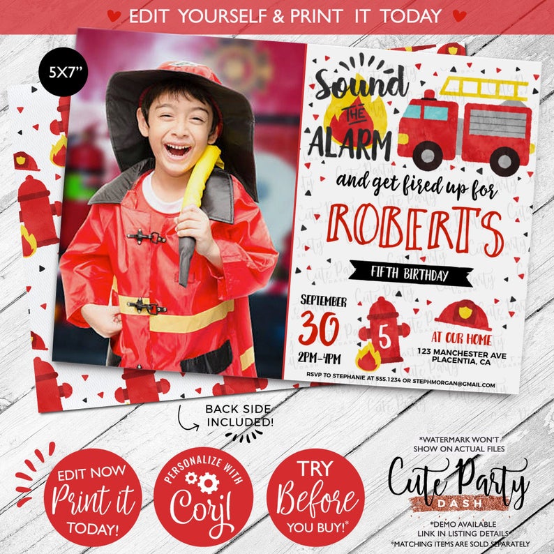 INSTANT DOWNLOAD – EDITABLE Fireman Photo Invitation Fireman birthday invitation Firefighter birthday Firefighter corjl invitation Firetruck