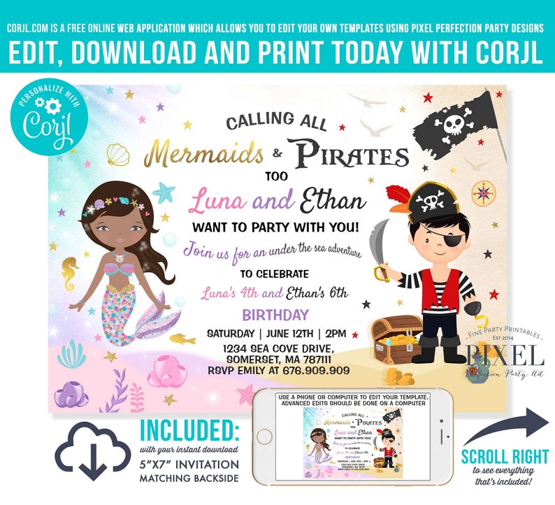 Mermaid And Pirate Birthday Invitation Sibling Mermaid & Pirate Invite Sibling Mermaid Pirate Party Instant Download Editable File 7O