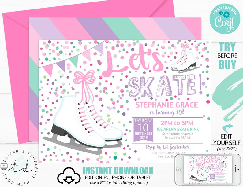 ICE SKATING INVITATION Ice Skating Party Invitation Ice Skate invitation Ice Skating Party Ice skating Invitation Girl Ice Skate Corjl