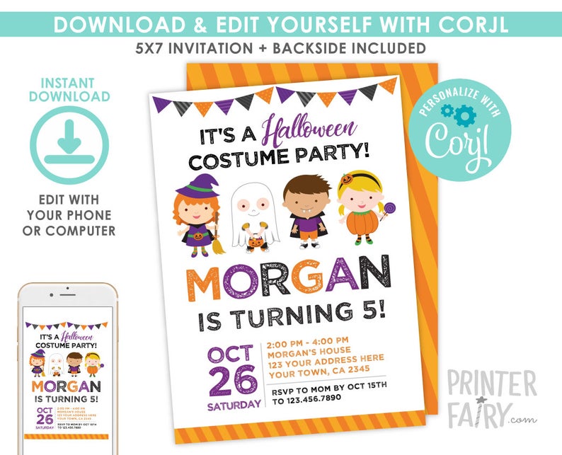 Halloween Kids Party, Halloween Birthday Invitation, EDITABLE, Costume Party Invitation, Halloween Party, DIGITAL Instant Download