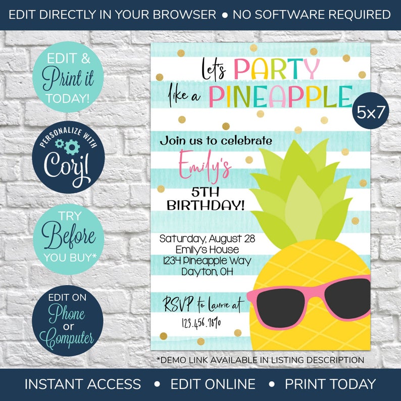 EDITABLE Pineapple Birthday Invitation, Party like a pineapple, Pineapple Invite, Adult Birthday, Kid’s Birthday Invitations, Hawaiian Theme