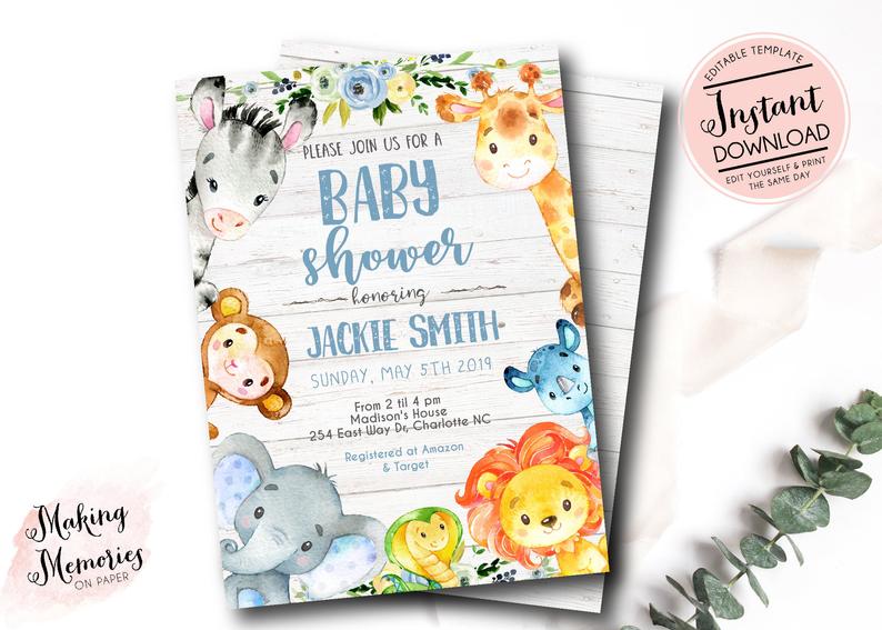 Safari Baby Shower Invitation, Safari Invitation, Safari Invite, Jungle Invitation, Elephant Giraffe Lion, Template, instant, edit yourself