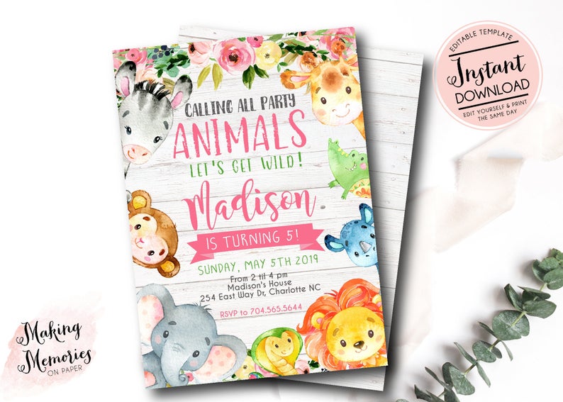 Safari birthday Invitation girl, Safari Invitation, Wild Safari Invite, party animals, wild and three, edit yourself template, Jungle
