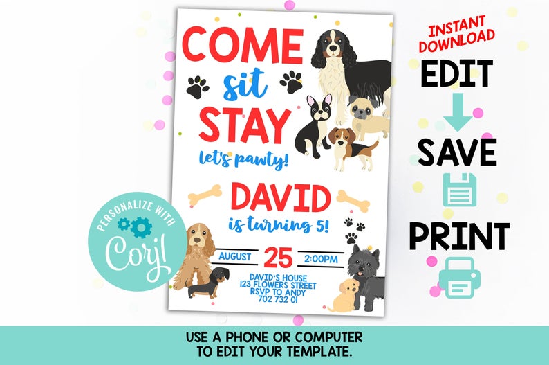 Dog Birthday Party Invitation EDITABLE Puppy Invite Boy Dog Invite Come Sit Stay Pawty TEMPLATE Dog Themed Party Instant Download DIY Corjl