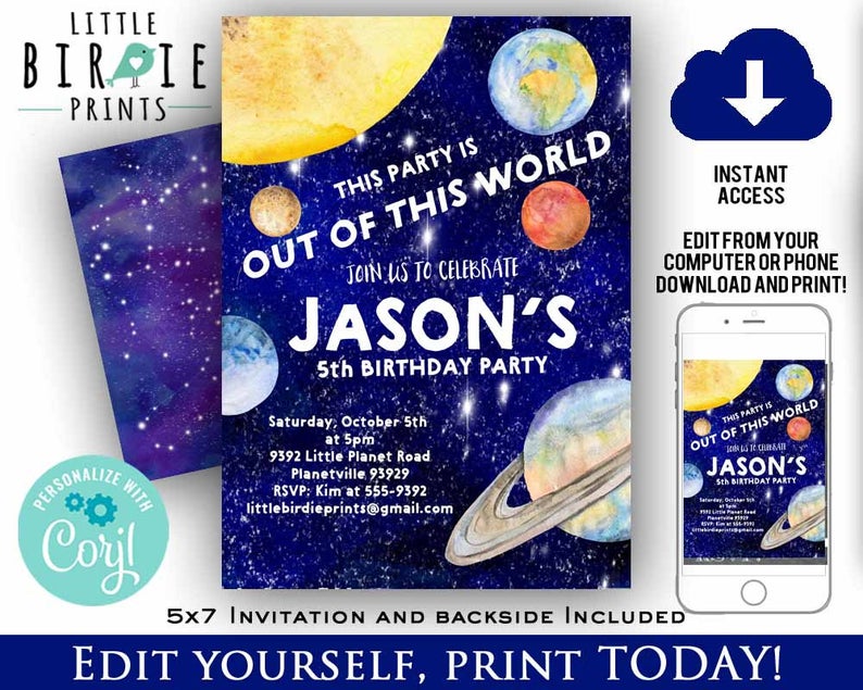 SPACE birthday invitation GALAXY Birthday invitation PLANETS Birthday Invitation Outer Space Rocket invitation Printable file stars sky