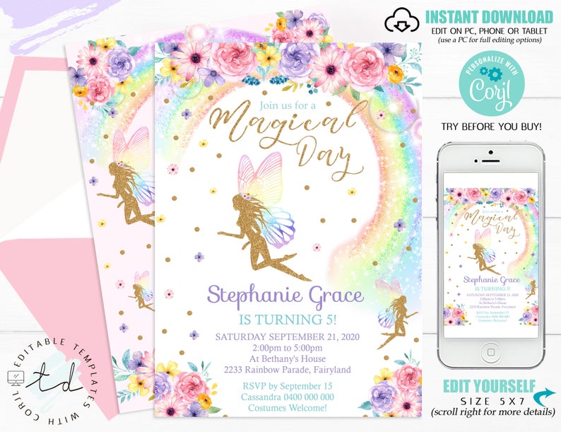 RAINBOW FAIRY BIRTHDAY Invitation Instant Download Fairy Invitation Fairy Invitations Fairy and Rainbow Invitation Fairy Party Corjl 0211