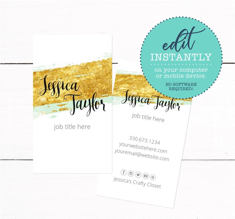 Seafoam Gold Glitter Brush Stroke Business Cards – Custom Business Card – Modern Business Card – DIY Business Card Template – Gold Brush