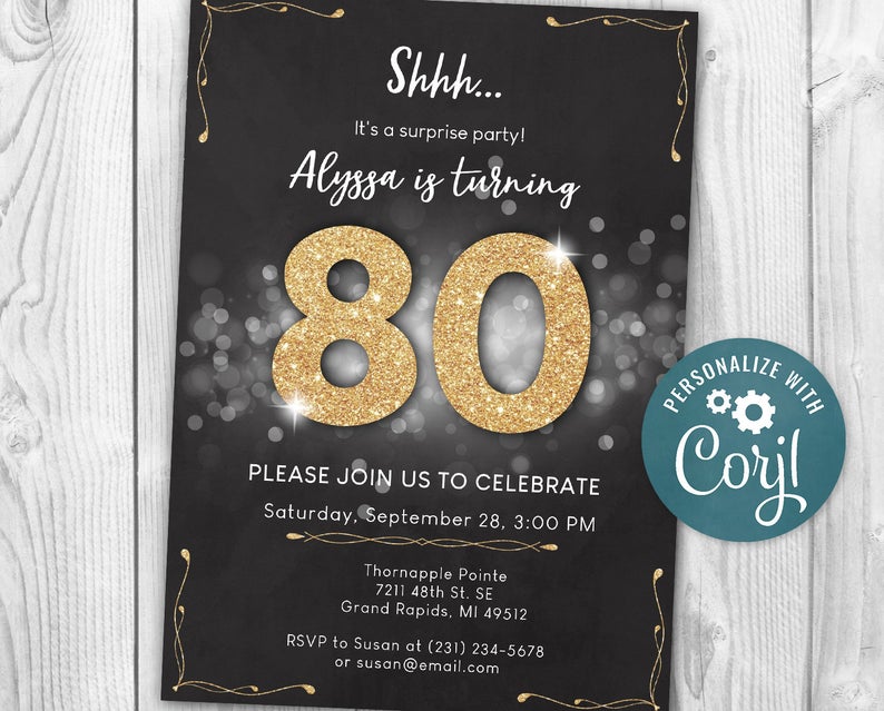 Surprise 80th Birthday Invitation EIGHTY Invite Party Black n Gold Rustic Digital INSTANT DOWNLOAD 5×7 Printable Editable adult mens womens