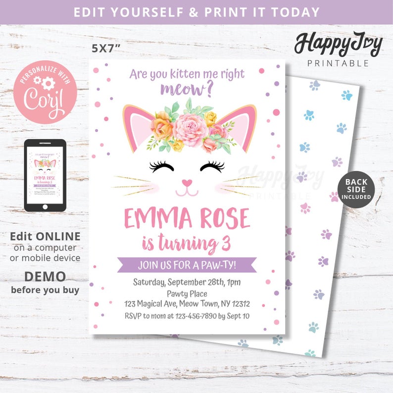 Kitten Birthday Invitation, Girls Purrfect Pawty Invite, Pink Purple Floral Cat Meow, Editable Digital Template INSTANT Download, Self Edit