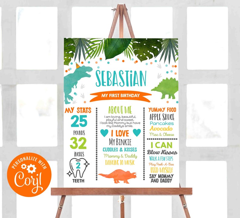 Dinosaur Birthday Milestone Poster Gold Dinosaur Birthday Stats Poster Dinosaur T-Rex Party Dinosaur Decor Instant Editable File Corjl 15
