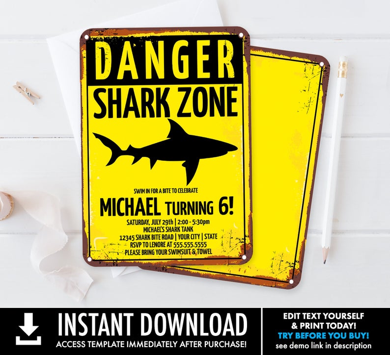 Shark Party Invitation – Shark Birthday Party, Shark Zone Invite, Shark Week | Self-Edit with CORJL – INSTANT DOWNLOAD Printable Template