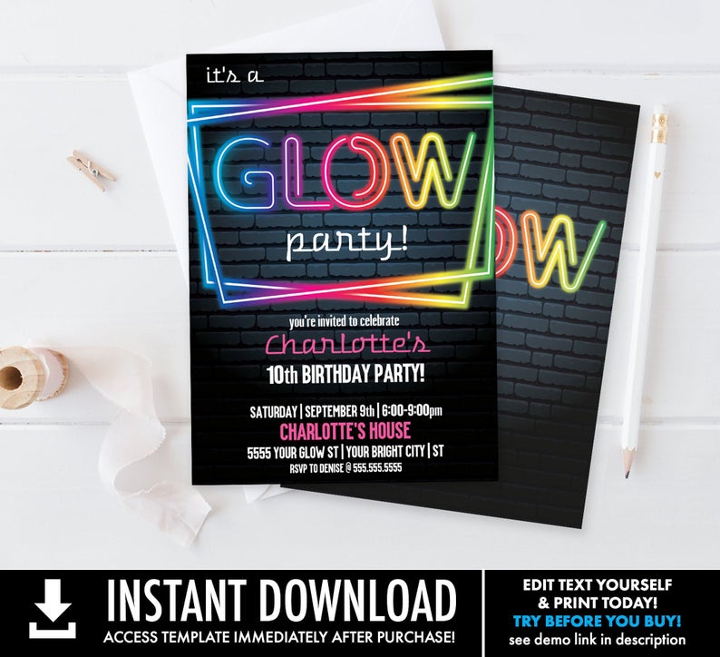 Neon Glow Party Invitation – Neon Glow Birthday, Glow Party Theme, pink | Self-Edit with CORJL – INSTANT DOWNLOAD Printable Template Price:USD 6.74