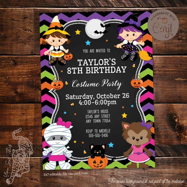 Editable Halloween Birthday Costume Party Invitation, 5×7 invite, Edit wording yourself via Corjl, Printable digital file