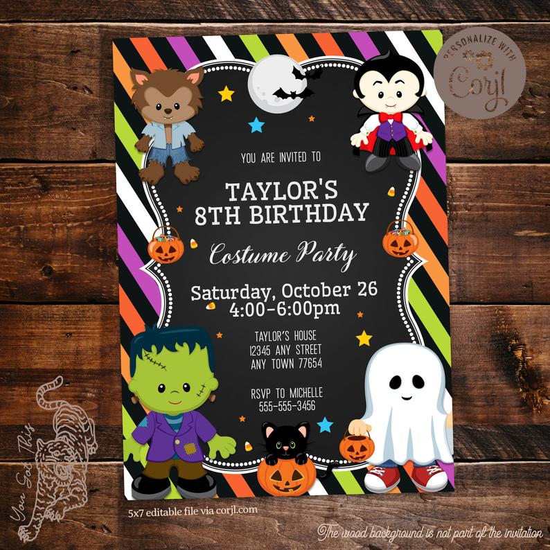 Editable Halloween Birthday Costume Party Invitation, 5×7 invite, Edit wording yourself via Corjl, Printable digital file