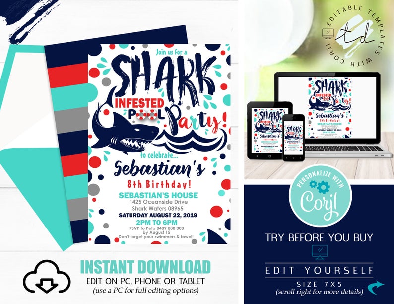 POOL PARTY Invitation Boy Pool Party SHARK Invitation Shark Infested Invitation Pool Party Printable Invitation Editable Corjl Pool Party
