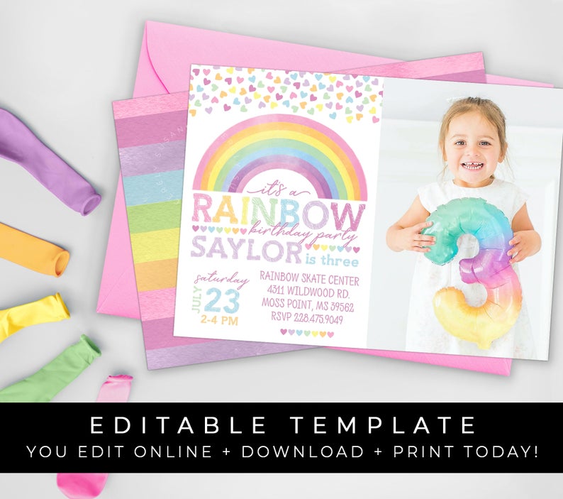 Pastel Rainbow Birthday Invitation Printable for Girl with Photo Invite Editable Instant Template Download, Corjl #015B