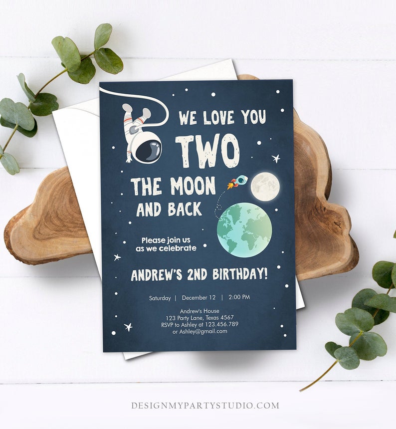 Editable Two the Moon Birthday Invitation Space Astronaut Birthday Love you to the moon Download Printable Template Digital Corjl 0046