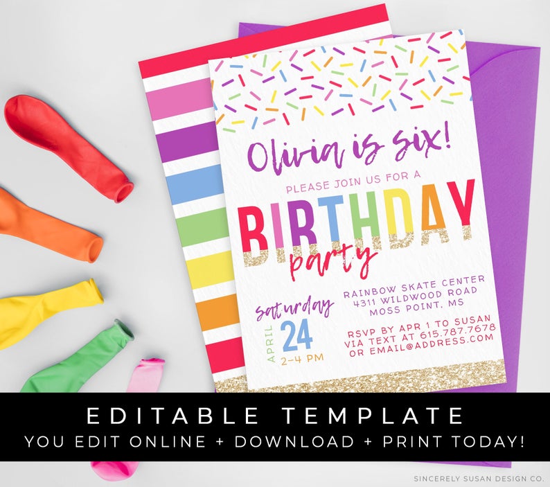 Rainbow Birthday Invitation Confetti Sprinkles Editable Printable Girl Birthday Party Invite Instant Digital Download Template, Corjl #019A