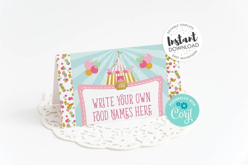 Carnival Food Label, Circus food label, Carnival party, Carnival Food Signs, carnival label, editable food tents, food tent card, birthday
