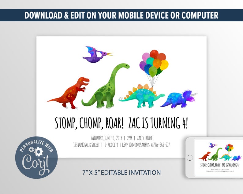 Dinosaur Invitation, Dinosaur Birthday Party Printable, Editable Digital Invitation