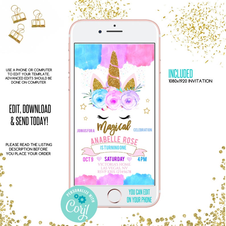 Unicorn birthday text invitation, unicorn e-invite, corjl phone invitation, Editable Invitation, Digital Invite, unicorn evite