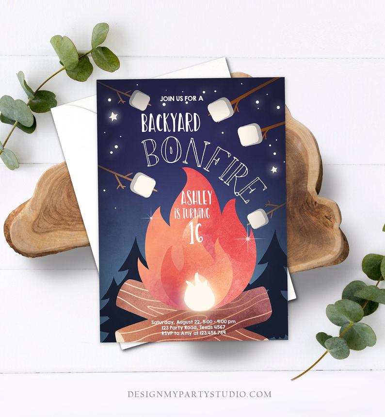 Editable Backyard Bonfire Invitation Bonfire Birthday Invitation Adult Kids Camping Download Printable Invitation Template Digital 0179