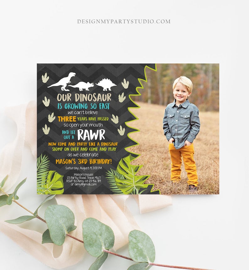 Editable Dinosaur Birthday Invitation Dino Dig Party Prehistoric Boy Chalk T-Rex Photo Digital Download Printable Template Corjl 0043