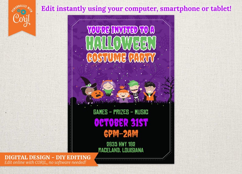 DIGITAL Halloween Costume Party Invitation – DESIGN ONLY – 5×7 – Edit Yourself Using Corjl
