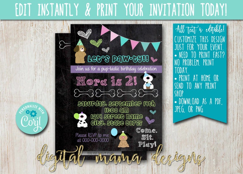 INSTANT ACCESS – Puppy Party Birthday Invitation – Dog Puppy Birthday Party – Puppy Dog Pawty Birthday Invite – Customize on Corjl