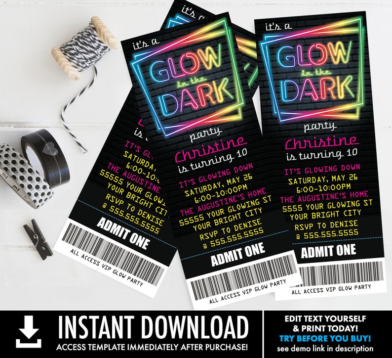 Neon Glow Party Ticket Invitation – Neon Glow Birthday, Glow Party Theme, pink | Self-Edit with CORJL – INSTANT DOWNLOAD Printable Template