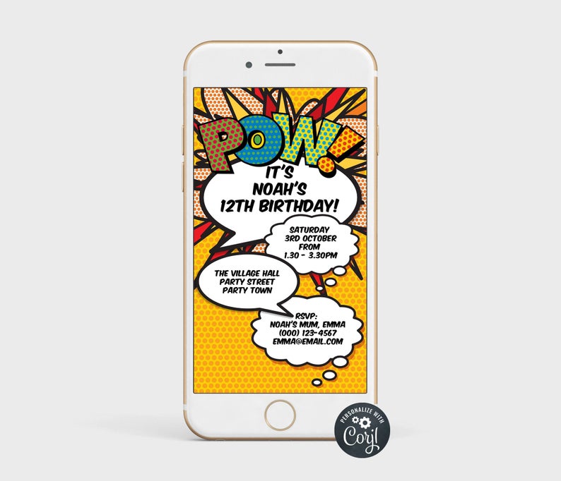 Birthday Party Evite Template, Phone Electronic Invitation, Digital Invite, Editable, Instant Download, Comic Book Pop Art, Fun Retro, Corjl