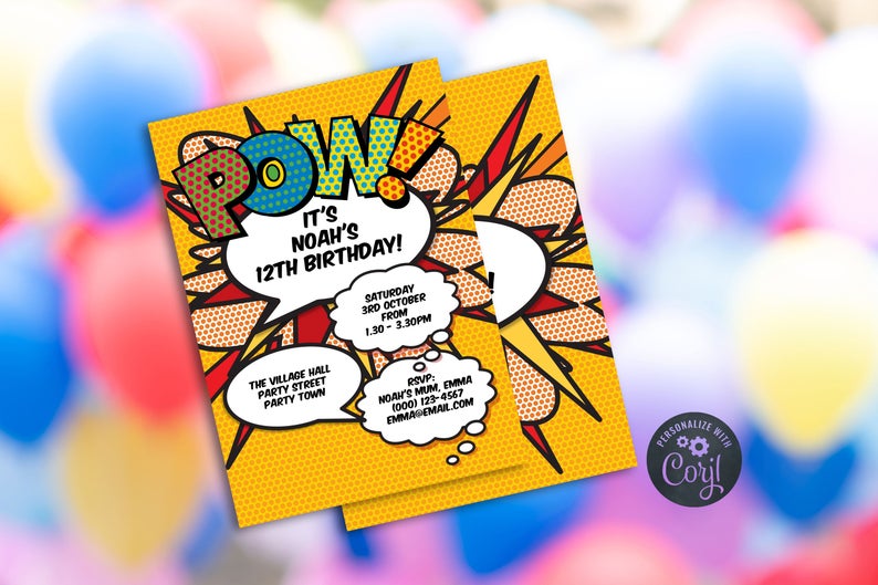 Birthday Invitation Template, Instant Download, Editable Printable PDF, Comic Book, Pop Art, Happy Birthday Invite, Any Birthday, Corjl
