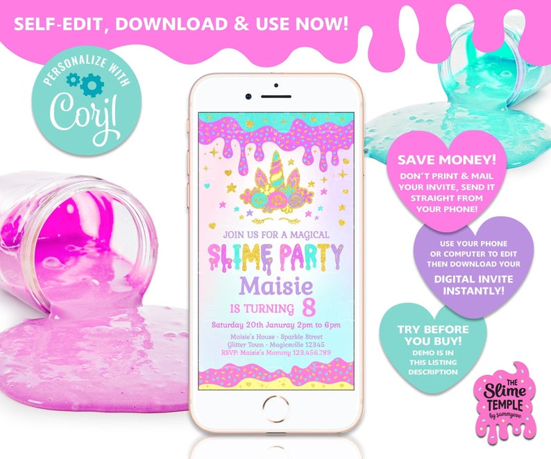 EDITABLE Unicorn Slime Party Invite / Slime invitation / Unicorn invitation / Slime Birthday Party / Smartphone Invite / INSTANT DOWNLOAD