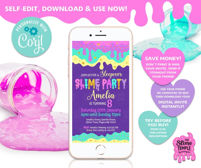 EDITABLE Sleepover Slime Party Invite / Slime invitation / Sleepover party / Slime Birthday Party / Smartphone Invite / INSTANT DOWNLOAD