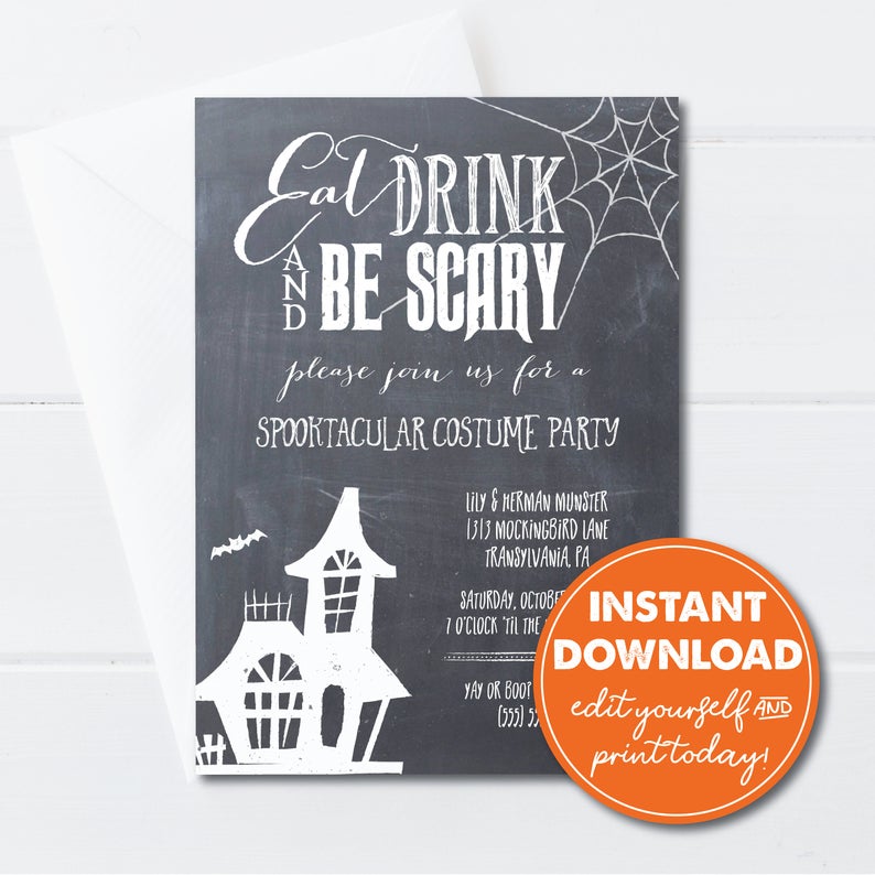 Editable Halloween Costume Party Invitation, Instant Download, Eat Drink and Be Scary!