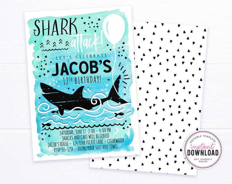 Shark Invitation, Shark Invite, Shark Party, Shark Birthday, Shark Birthday Invitation, Shark Party Invitations, Printable Invitation | 624