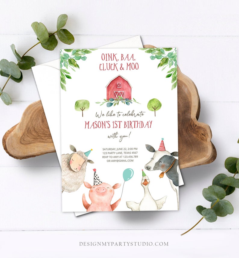Editable Farm Birthday Invitation Boy Farm Animals Boy Barnyard Birthday Party Download Printable Invitation Template Digital Corjl 0155