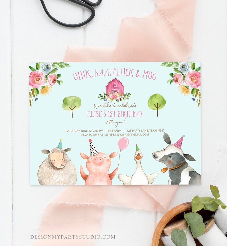 Editable Farm Birthday Invitation Girl Farm Animals Pink Floral Barnyard Party Download Printable Invitation Template Digital Corjl 0155