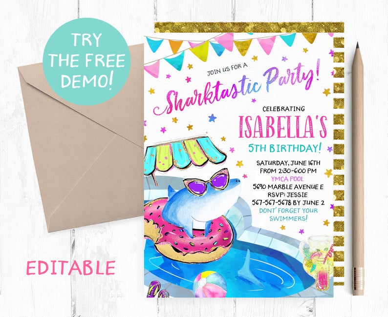 Editable Shark Pool Invitation, Shark Pool Donut Invitation, Sharktastic Party Invitation, Shark Girl Pool Party, Shark Pool Instant, Invite