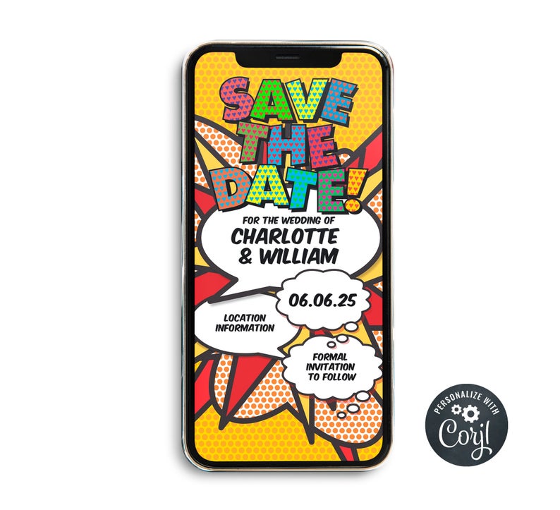 Save the Date Evite Template, Phone Invitation, Editable Instant Download Digital Invite, Wedding, Engagement, Birthday, Comic Book Pop Art