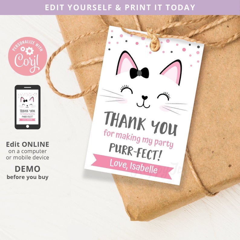 Purrfect Kitten Birthday Favor Tag 2×3 Printable, Smiling Kitty Cat Thank You Label Tag Editable Template INSTANT Download, Self Edit Corjl