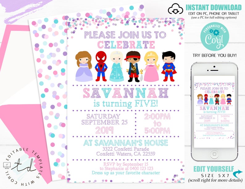 PRINCESS SUPERHERO PIRATE Invitation, Princess Superhero Pirate Birthday, Princess Pirate Superhero party, Corj Editable Princess Invitation