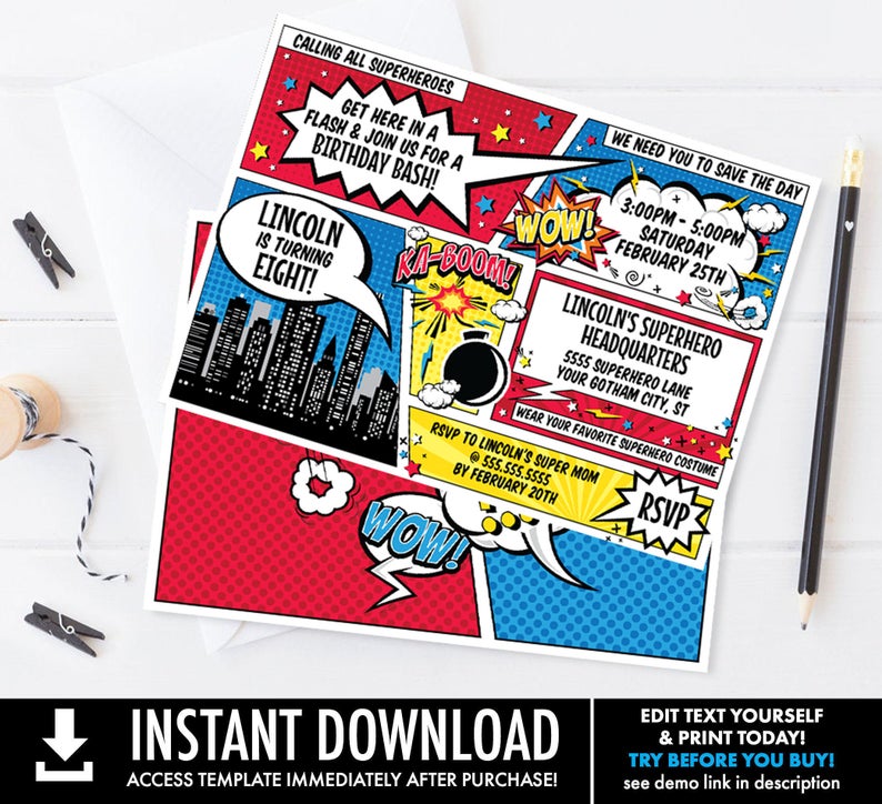 Superhero Invitation – Superhero Birthday Party, ONE-Name Invite, Comic Book | Self-Edit with CORJL – INSTANT Download Printable Template
