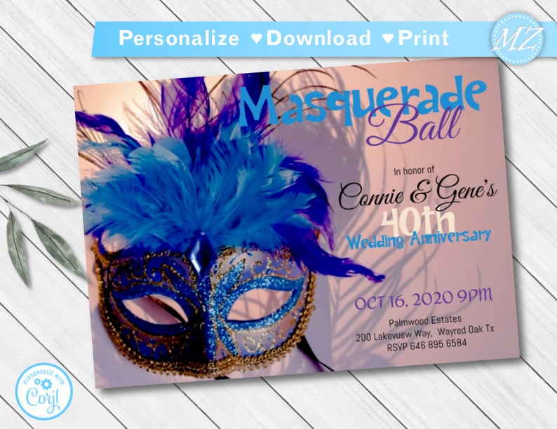 Masquerade Invite, Quinceanera blue purple Masquerade ball Invitation Sweet 16 Birthday Halloween Mask Corjl Printable template digital file