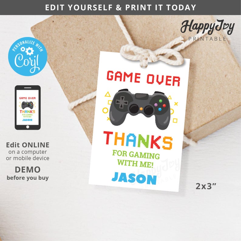Console Game Favor Tag 2×3 Printable, Game Over Thank You Label Tag, Video Gaming, Editable Template INSTANT Access, Self Edit Corjl
