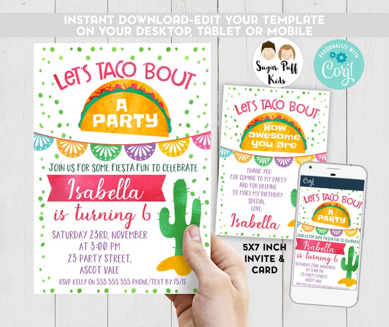 Printable Taco fiesta invite, Fiesta invitation, Taco Party Invitations, Instant Download Taco Bout A Party Invitations, Girls Fiesta Invite
