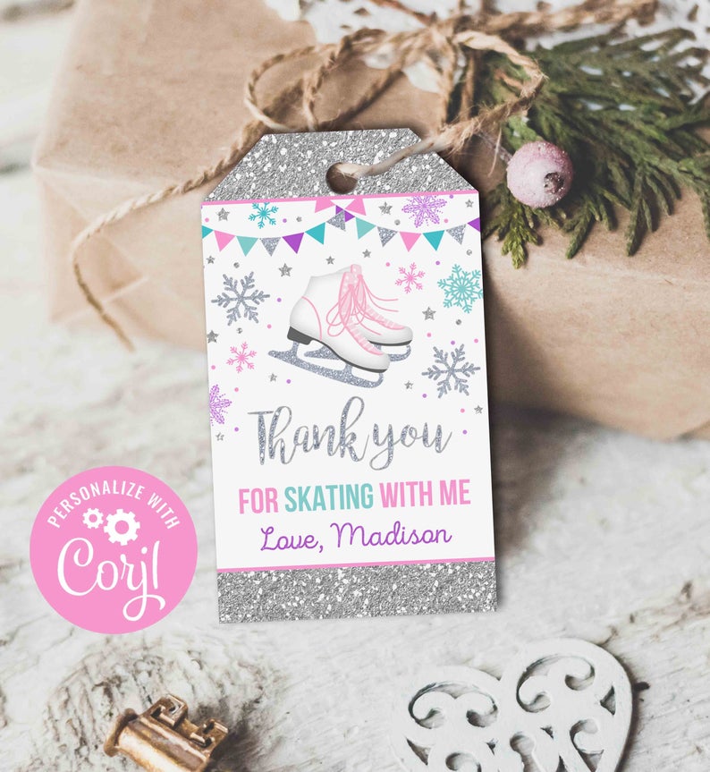 Ice Skating Favor Tag Ice Skating Birthday Favor Tag Pink Silver Ice Skating Party Skate Party Thank You Tag Instant Editable File Corjl G9